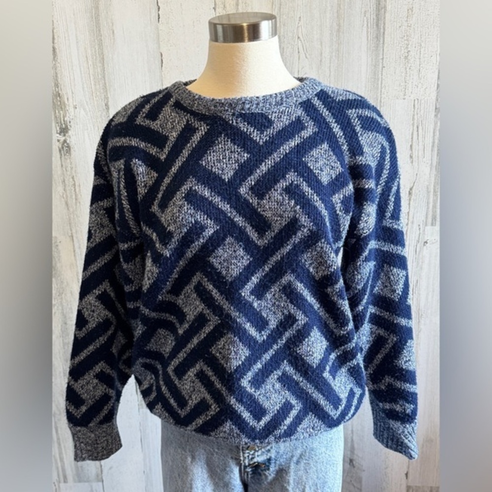 Vintage 90s‎ Geometric Jacquard Knit Sweater Navy Light Blue Retro
